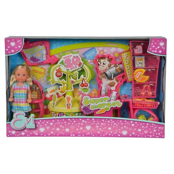 Lalke Evi im Supermarkt mit Einkaufswagen und Zubehör – 12 cm für Kinder ab 3 Jahren