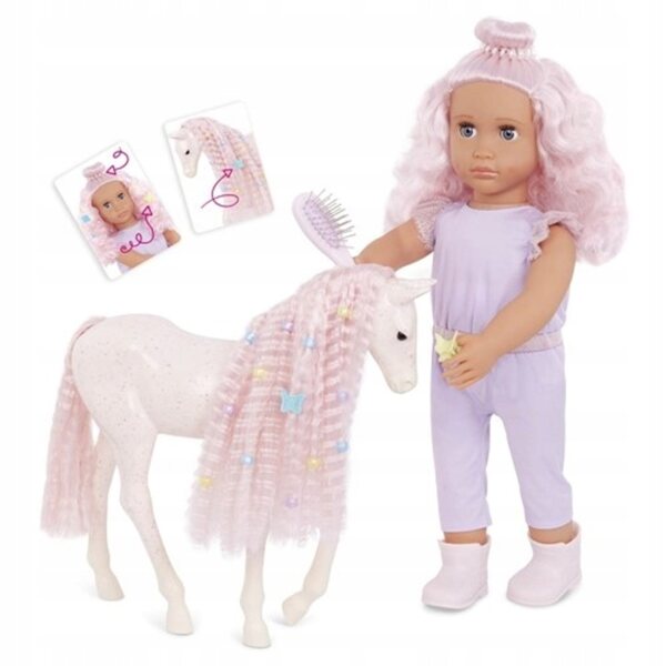 Unsere 46 cm große Elara-Puppe der Generation mit Fohlen und Haarschmuck-Set