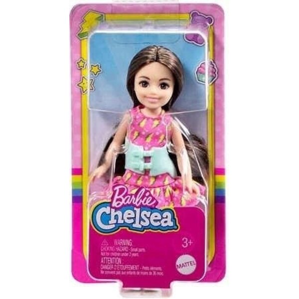 Barbie Chelsea 15 cm mit buntem Kleid und gelben Sandalen für Kinder ab 3 Jahren