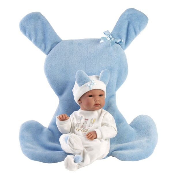 Bambola Llorens Bimbo 35 cm in Vinile con Abbigliamento e Cuscino Blu