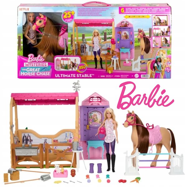 Barbie Stadnina Koni mit Stall, Puppe und Zubehör – Komplettes Spiel für Mädchen