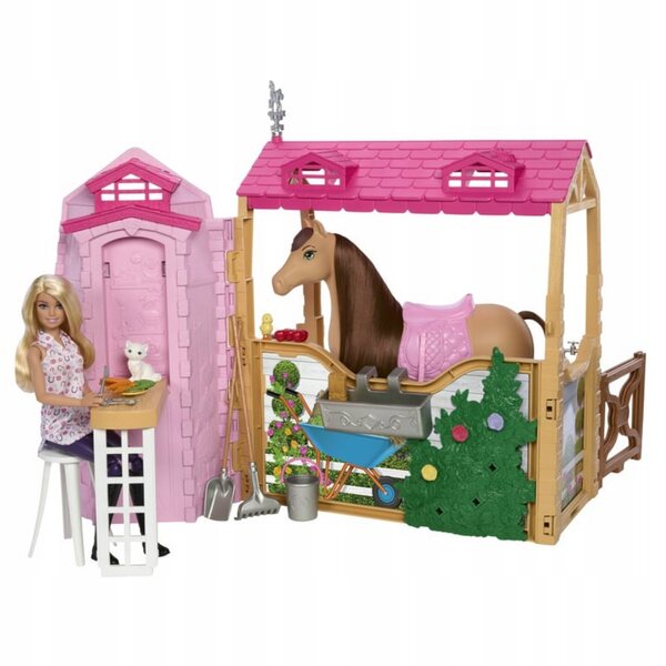 Barbie Stadnina Koni mit Stall, Puppe und Zubehör – Komplettes Spiel für Mädchen