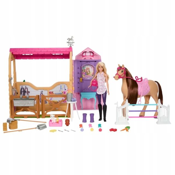 Barbie Stadnina Koni mit Stall, Puppe und Zubehör – Komplettes Spiel für Mädchen