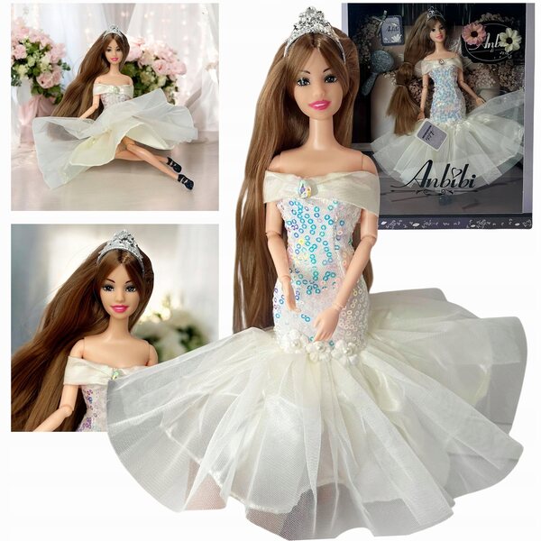 Bambola con Abito da Sposa con Paillettes, Accessori e Capelli Lunghi 29 cm