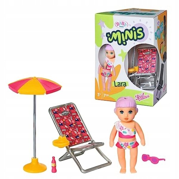 Baby Born Minis Set mit Kinderbett, Regenschirm und Lara-Puppe 7 cm