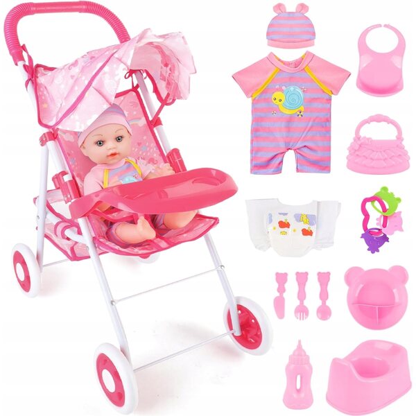 Komplettes Puppenset mit Kinderwagen und Zubehör für Kinder ab 2 Jahren