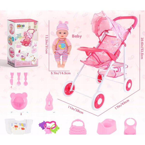 Komplettes Puppenset mit Kinderwagen und Zubehör für Kinder ab 2 Jahren