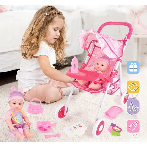 Komplettes Puppenset mit Kinderwagen und Zubehör für Kinder ab 2 Jahren