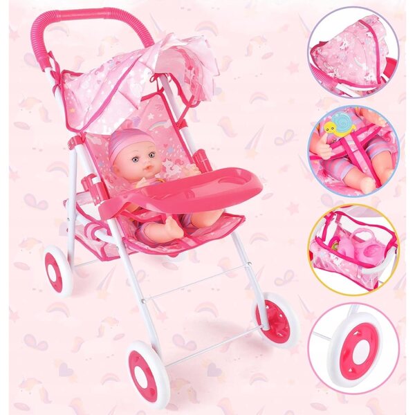 Komplettes Puppenset mit Kinderwagen und Zubehör für Kinder ab 2 Jahren