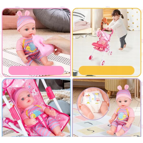 Komplettes Puppenset mit Kinderwagen und Zubehör für Kinder ab 2 Jahren