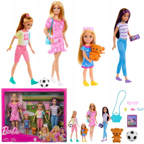 Barbie-Set mit 4 Schwesterpuppen mit farbenfrohem Zubehör für Kinder ab 3 Jahren