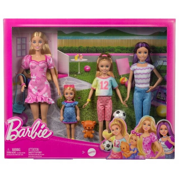 Barbie-Set mit 4 Schwesterpuppen mit farbenfrohem Zubehör für Kinder ab 3 Jahren