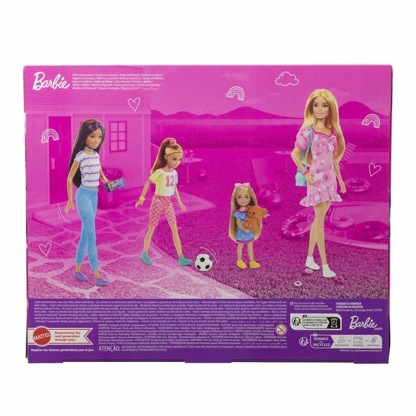 Barbie-Set mit 4 Schwesterpuppen mit farbenfrohem Zubehör für Kinder ab 3 Jahren
