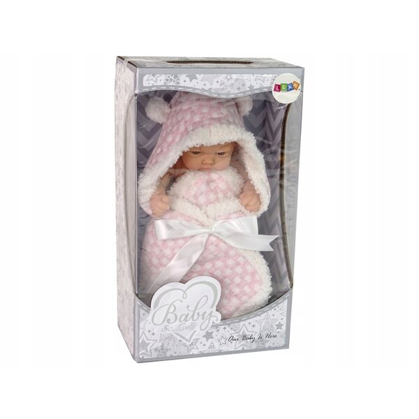 Lieve baby verpakt in een warmroze becik met strik - LEAN Toys
