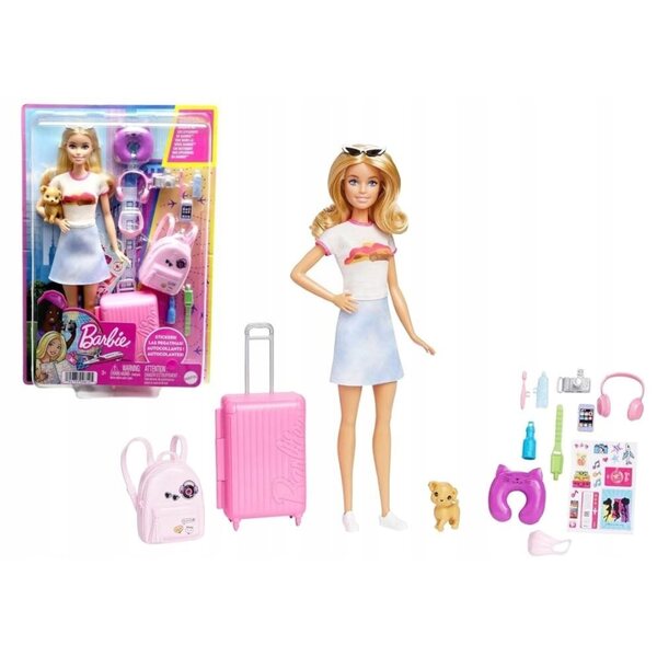 Barbie Travel – Puppenset mit Reisezubehör und Welpe für Mädchen