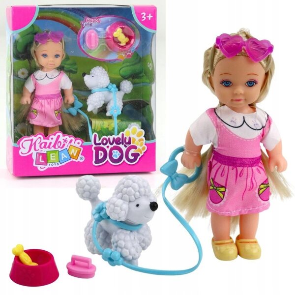 Minipuppe mit Hund an der Leine mit Futterzubehör LEAN Toys