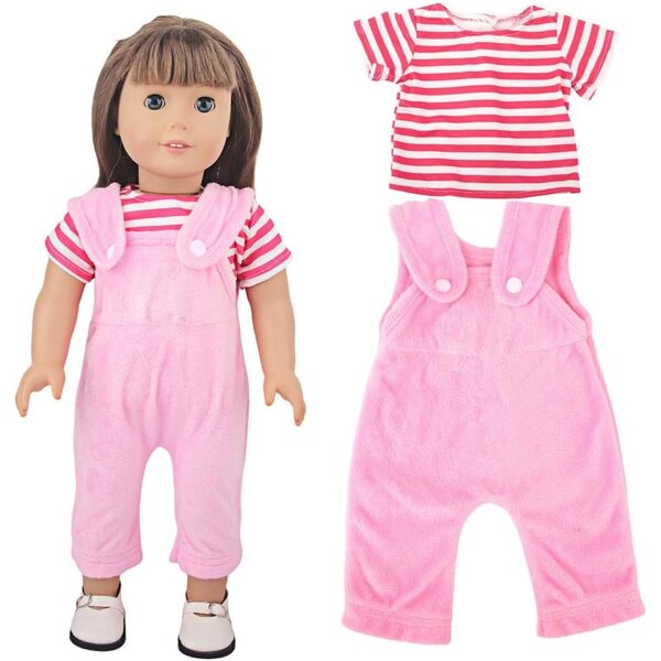 18-Zoll-Puppenkleidungsset – Gestreiftes T-Shirt und rosa Overall, 2-teilig