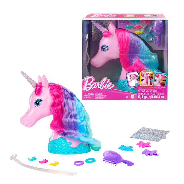 Barbie-Einhorn-Frisurenkopf mit Zubehör und glänzenden Aufklebern, 28 cm