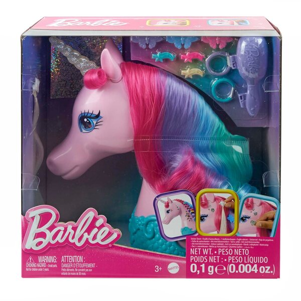 Barbie-Einhorn-Frisurenkopf mit Zubehör und glänzenden Aufklebern, 28 cm