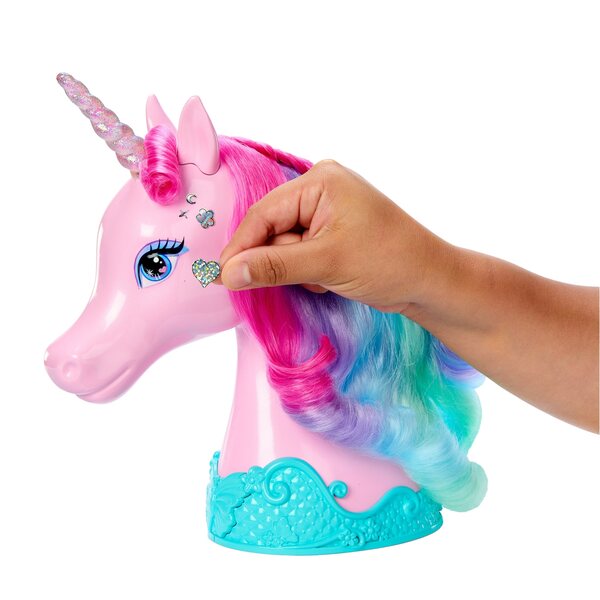 Barbie-Einhorn-Frisurenkopf mit Zubehör und glänzenden Aufklebern, 28 cm