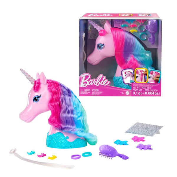 Barbie-Einhorn-Frisurenkopf mit Zubehör und glänzenden Aufklebern, 28 cm
