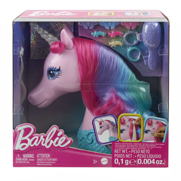 Barbie-Einhorn-Frisurenkopf mit Zubehör und glänzenden Aufklebern, 28 cm
