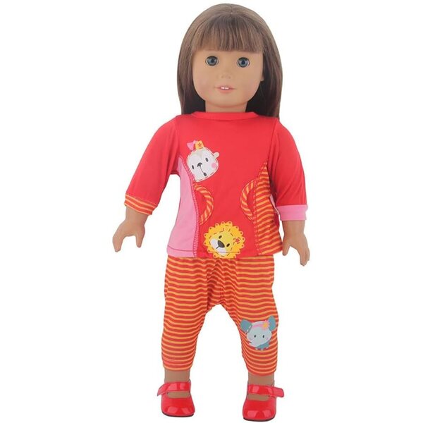 Kleidung für 18-Zoll-Puppen – 2-teiliges Set aus gestreiftem Oberteil und Hose mit Tiermuster
