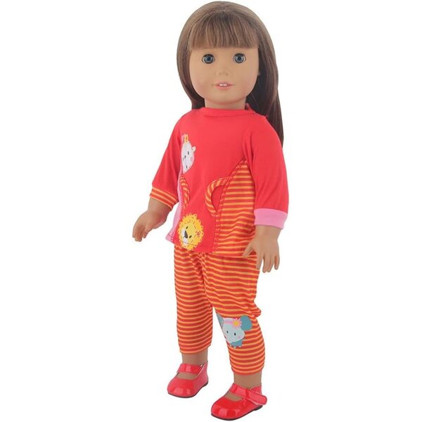 Kleidung für 18-Zoll-Puppen – 2-teiliges Set aus gestreiftem Oberteil und Hose mit Tiermuster