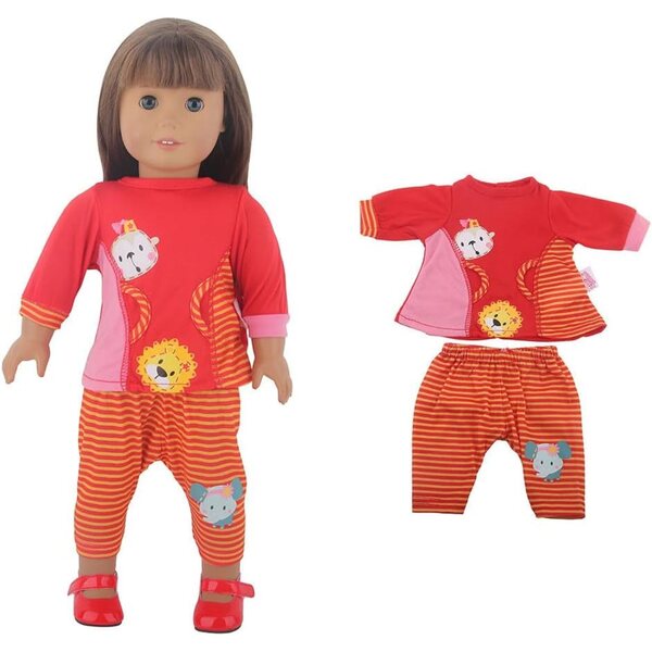 Kleidung für 18-Zoll-Puppen – 2-teiliges Set aus gestreiftem Oberteil und Hose mit Tiermuster