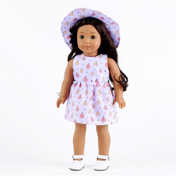 18-Zoll-Puppenkleidung – 2-teiliges Set, lila Blumenkleid mit Hut