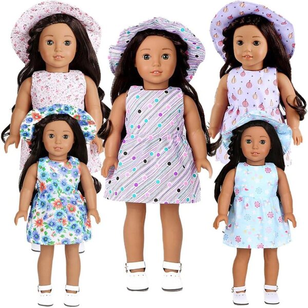 18-Zoll-Puppenkleidung – 2-teiliges Set, lila Blumenkleid mit Hut
