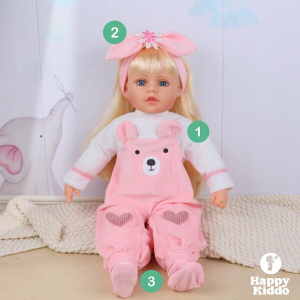 Vestiti per bambola 56 cm set abbigliamento baby rosa e bianco Happy Kiddo