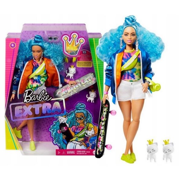 Barbie Extra Fashion mit tierischen und lockigen blauen Haaren – Puppe und Zubehör