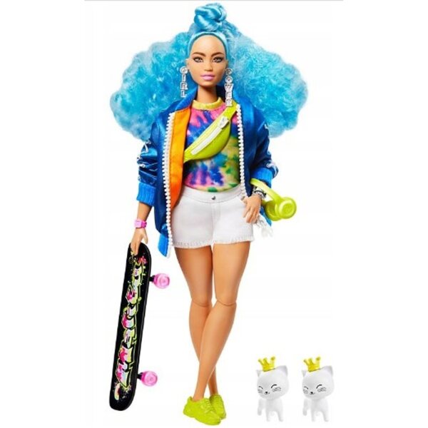 Barbie Extra Fashion mit tierischen und lockigen blauen Haaren – Puppe und Zubehör