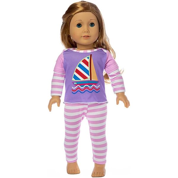 18-Zoll-Puppenkleidungsset, 2-teilig, gestreiftes Oberteil und lila Hose