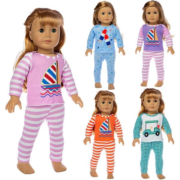 18-Zoll-Puppenkleidungsset, 2-teilig, gestreiftes Oberteil und lila Hose