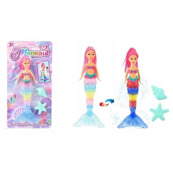 Bambola sirena che cambia il colore della coda sotto l'influenza dell'acqua con accessori, 18 cm