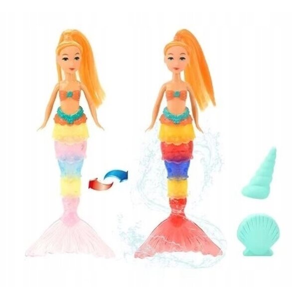 Bambola sirena che cambia il colore della coda sotto l'influenza dell'acqua con accessori, 18 cm