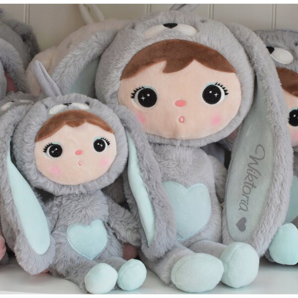 Coniglio Metoo 30 cm grigio e menta con nome, regalo personalizzato per un bambino