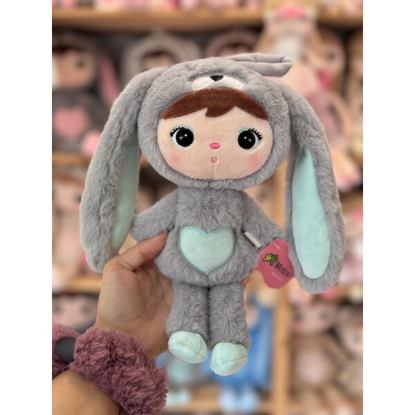 Coniglio Metoo 30 cm grigio e menta con nome, regalo personalizzato per un bambino