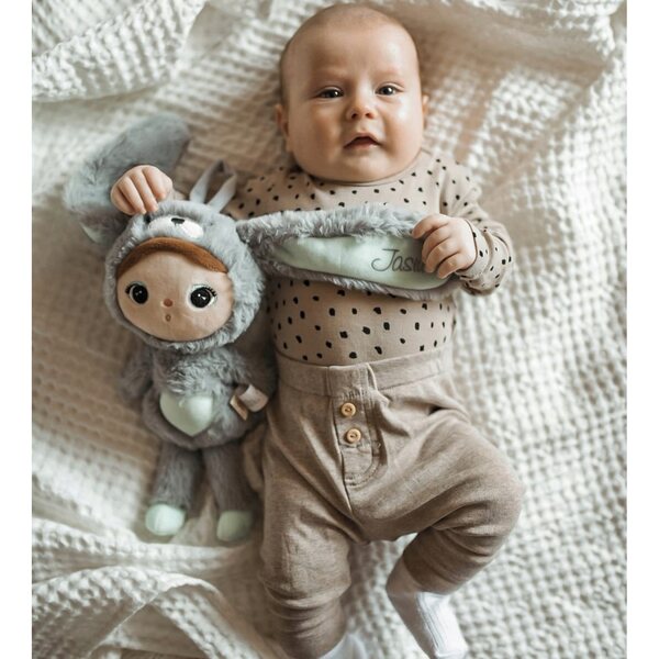 Coniglio Metoo 30 cm grigio e menta con nome, regalo personalizzato per un bambino