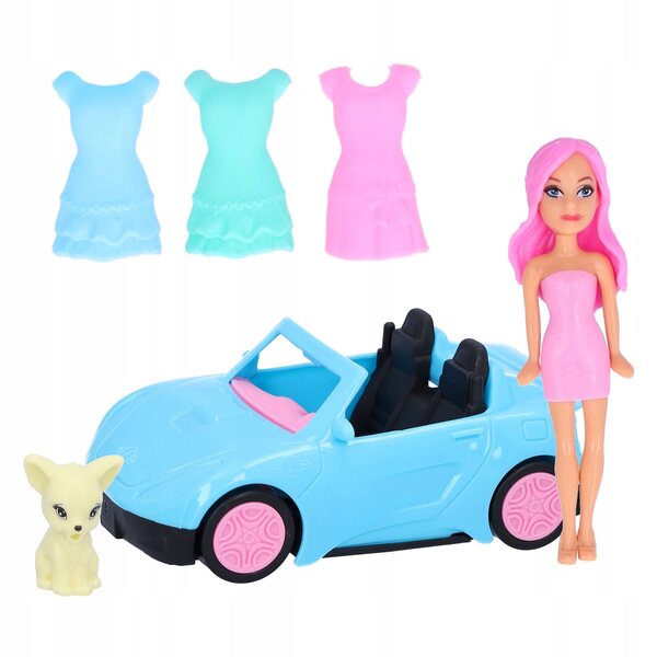 Set Giocattolo Bambina: Auto Cabriolet, Bambola, Cane e 3 Vestiti Colorati