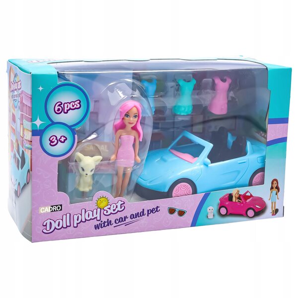 Set Giocattolo Bambina: Auto Cabriolet, Bambola, Cane e 3 Vestiti Colorati