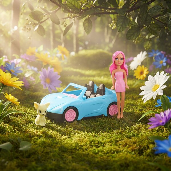 Set Giocattolo Bambina: Auto Cabriolet, Bambola, Cane e 3 Vestiti Colorati
