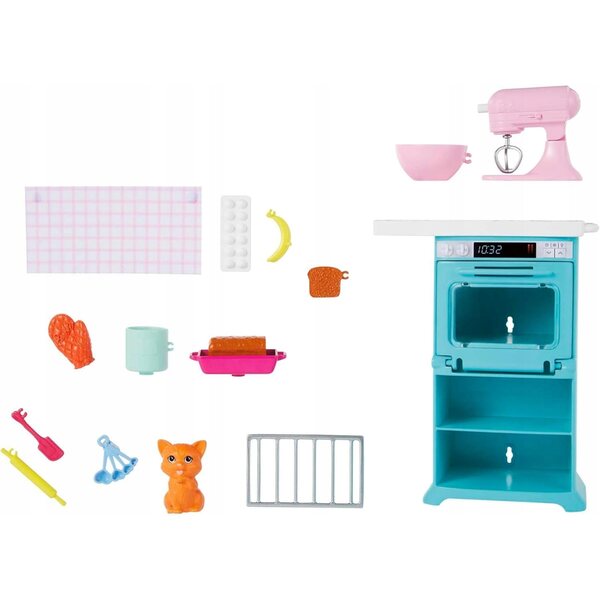 Barbie Küchenset mit Puppe, Miniküche, Ofen und Mixer für Kinder