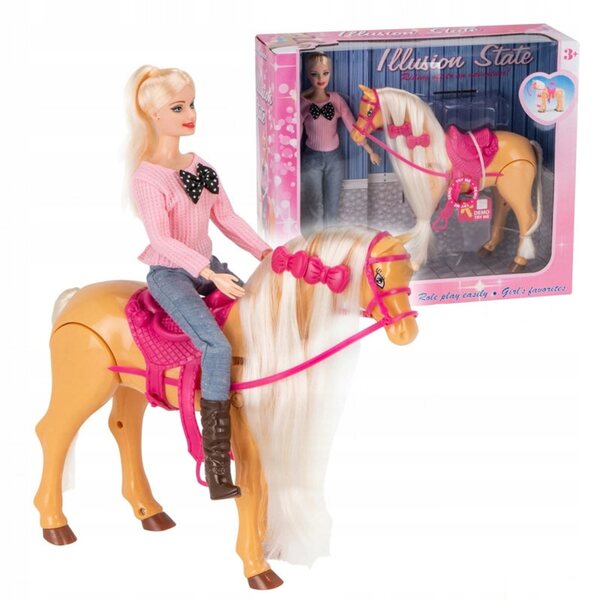 Un cavallo che cammina che emette suoni con una bambola e una sella: un giocattolo interattivo per bambini