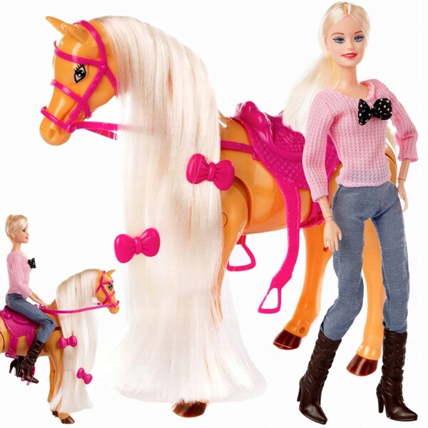 Un cavallo che cammina che emette suoni con una bambola e una sella: un giocattolo interattivo per bambini