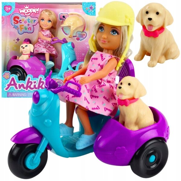 WOOPIE Set Bambola Ankiki con Scooter, Cane e Casco per Bambini 3+