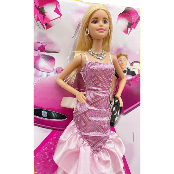 MATTEL LALKA BARBIE MODNY BAL PIĘKNA SUKNIA RYBKA Z FALBANAMI