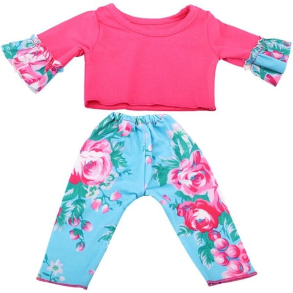 18-Zoll-Puppenkleidung für amerikanische Puppen – lässiges 2-teiliges Set, blaues Blumen-Oberteil und Hose